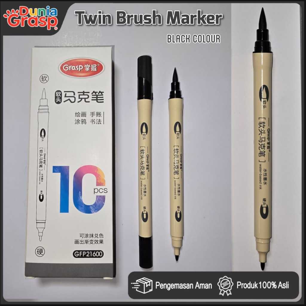 Twin Brush Marker Warna Hitam GFP21600 Spidol Penebal Kaligrafi Merek Grasp
