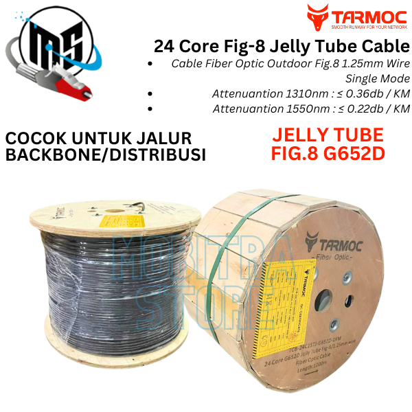 Tarmoc TCB-24C1STJ-G652D-1KM  | Fiber Optic Cable G652D Fig-8 Jelly Tube 24 Core 1000m Kabel FO 24C 
