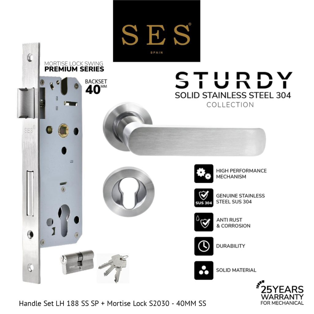 Handle Gagang Pintu Set SES LH 188 SS SP + Body Kunci SES S2030 - 40mm SS