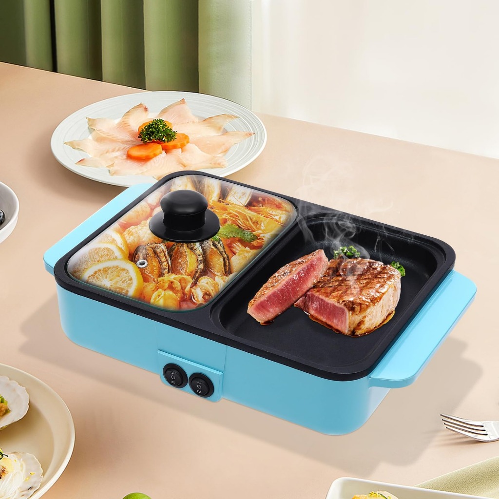 Kompor Listrik 2in1 Elektrik Portable Alat Hotpot Mini Steamboat Panggangan Grill Pan