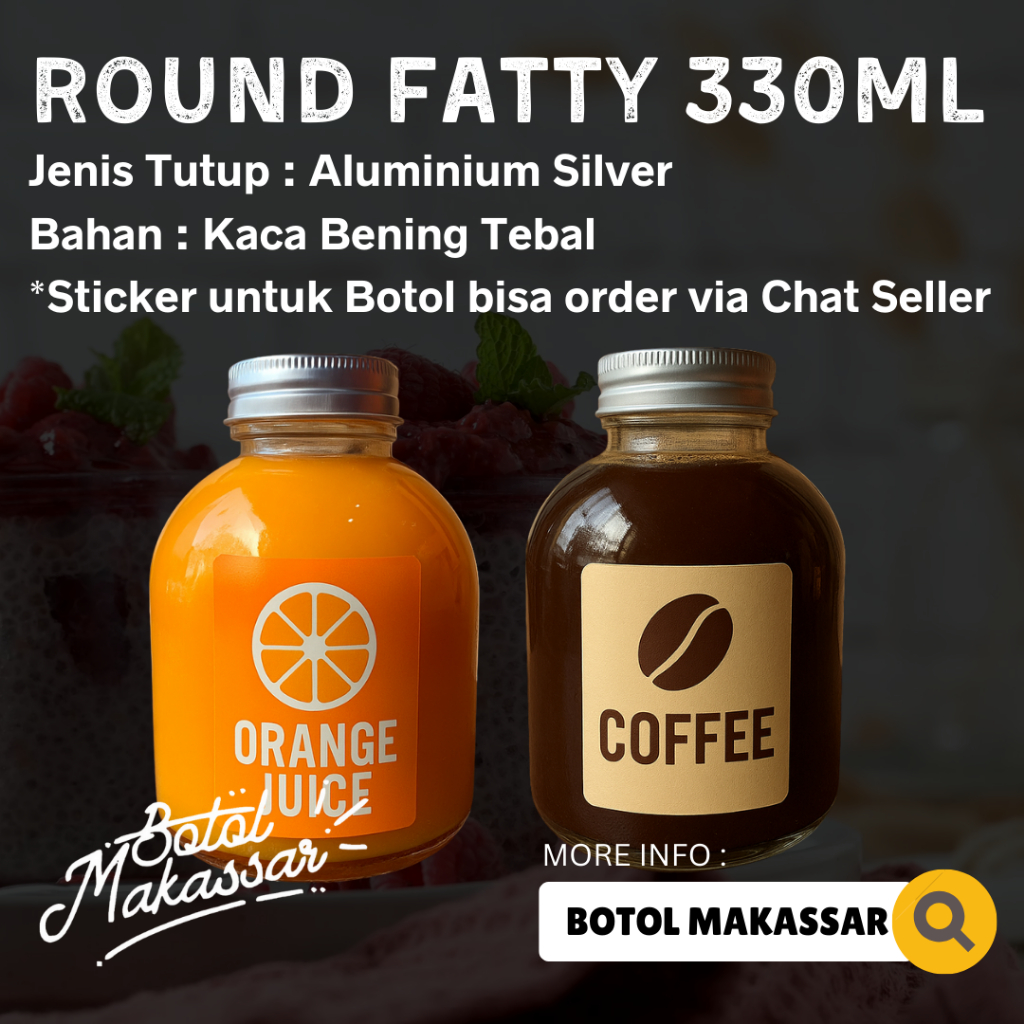 Botol Kaca Round Fatty 330ml | Botol Kaca Bulat – Penutup Aluminium Silver