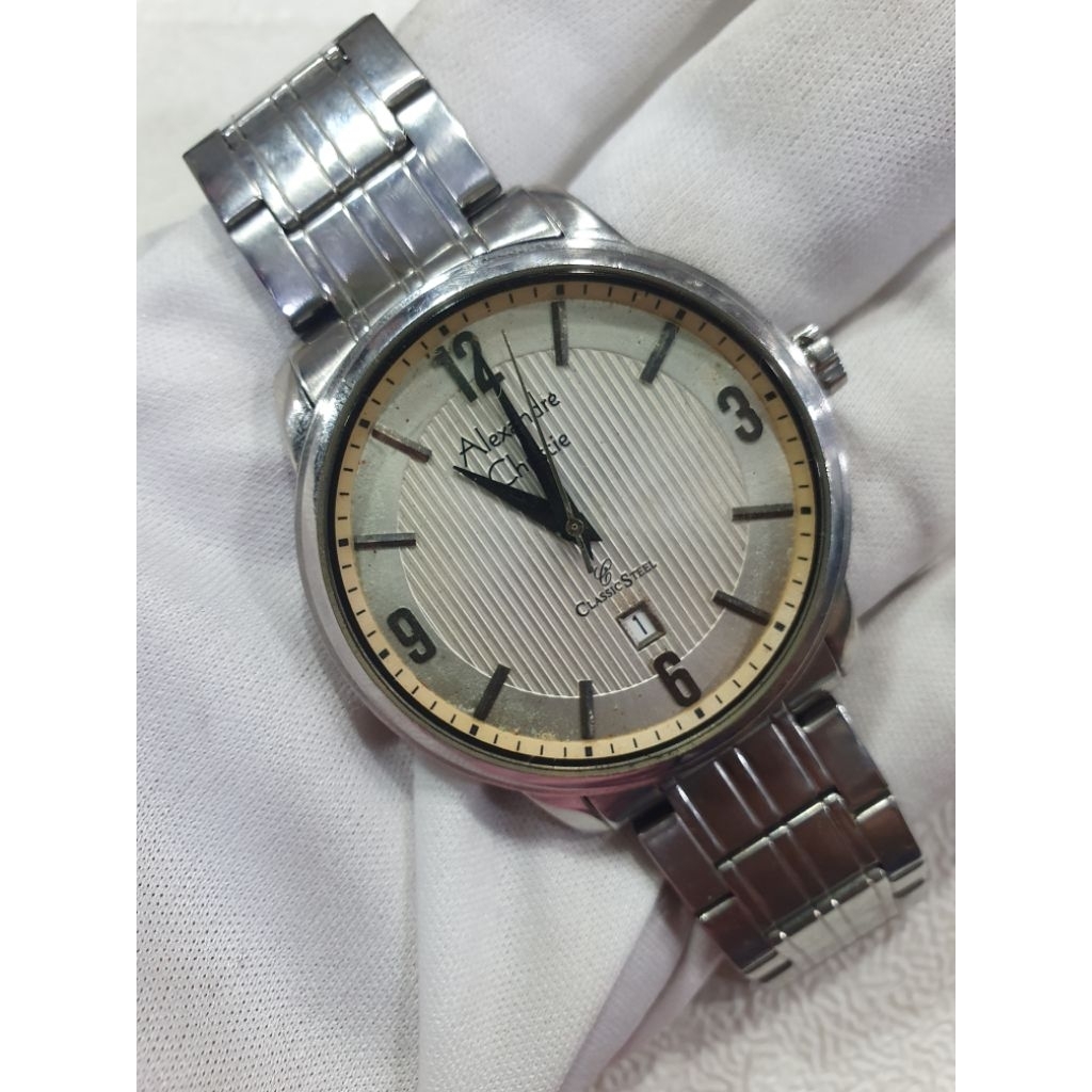 Jam Alexandre Christie 8289MD Classic Steel Linen Dial Pria Original Preloved