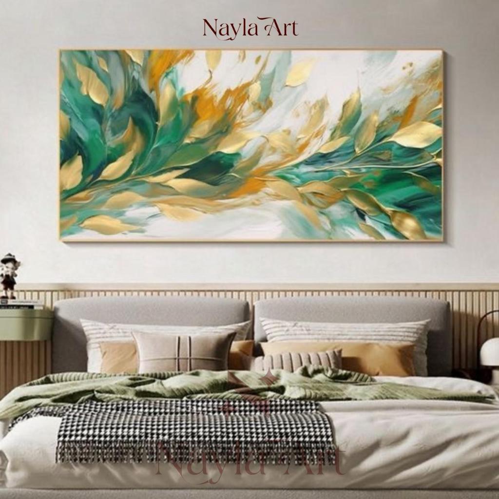 Lukisan Abstrak Green Gold Hiasan Dinding Modern