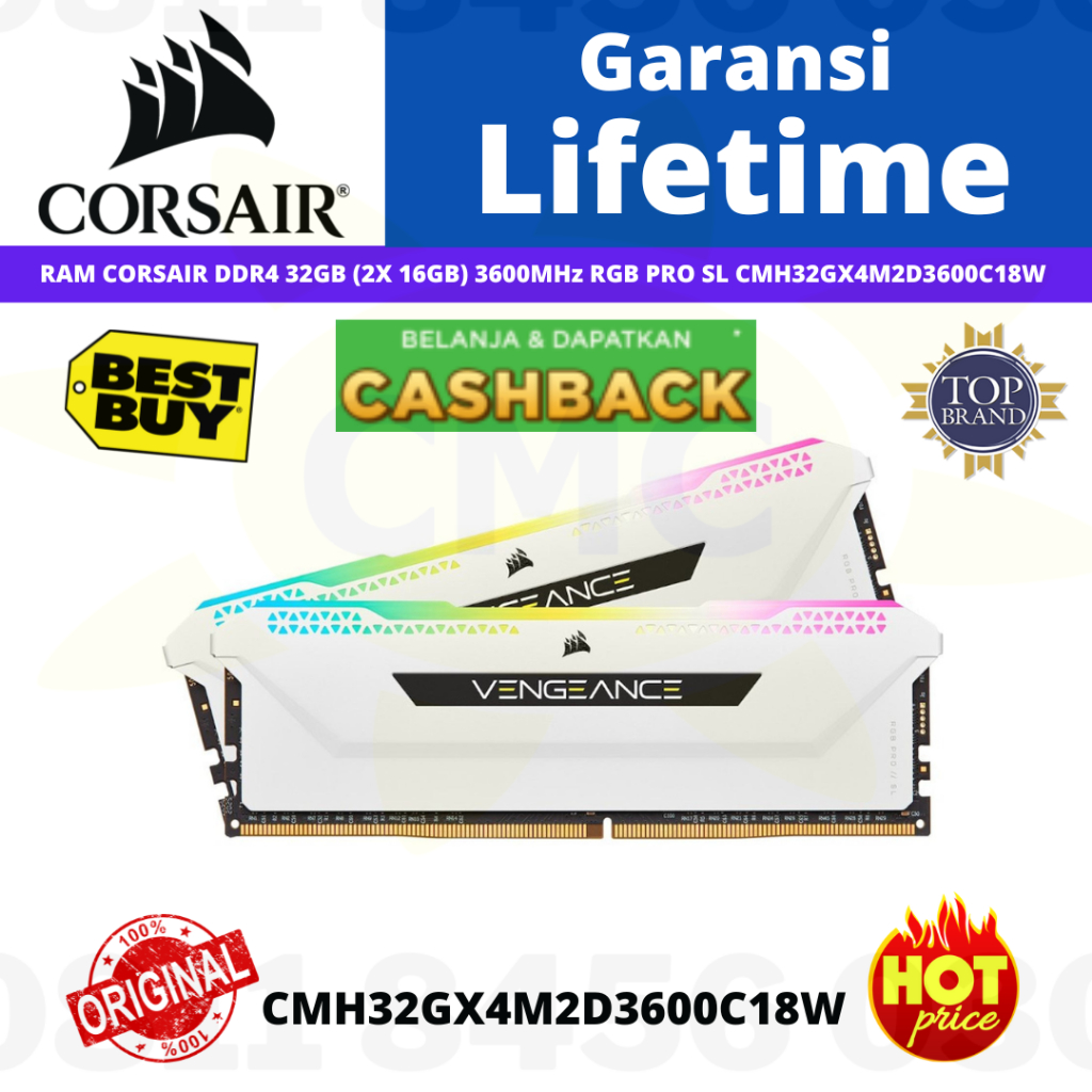 RAM PC DDR4 32GB (2X 16GB) 3600MHz RGB PRO SL CMH32GX4M2D3600C18W WHITE CORSAIR
