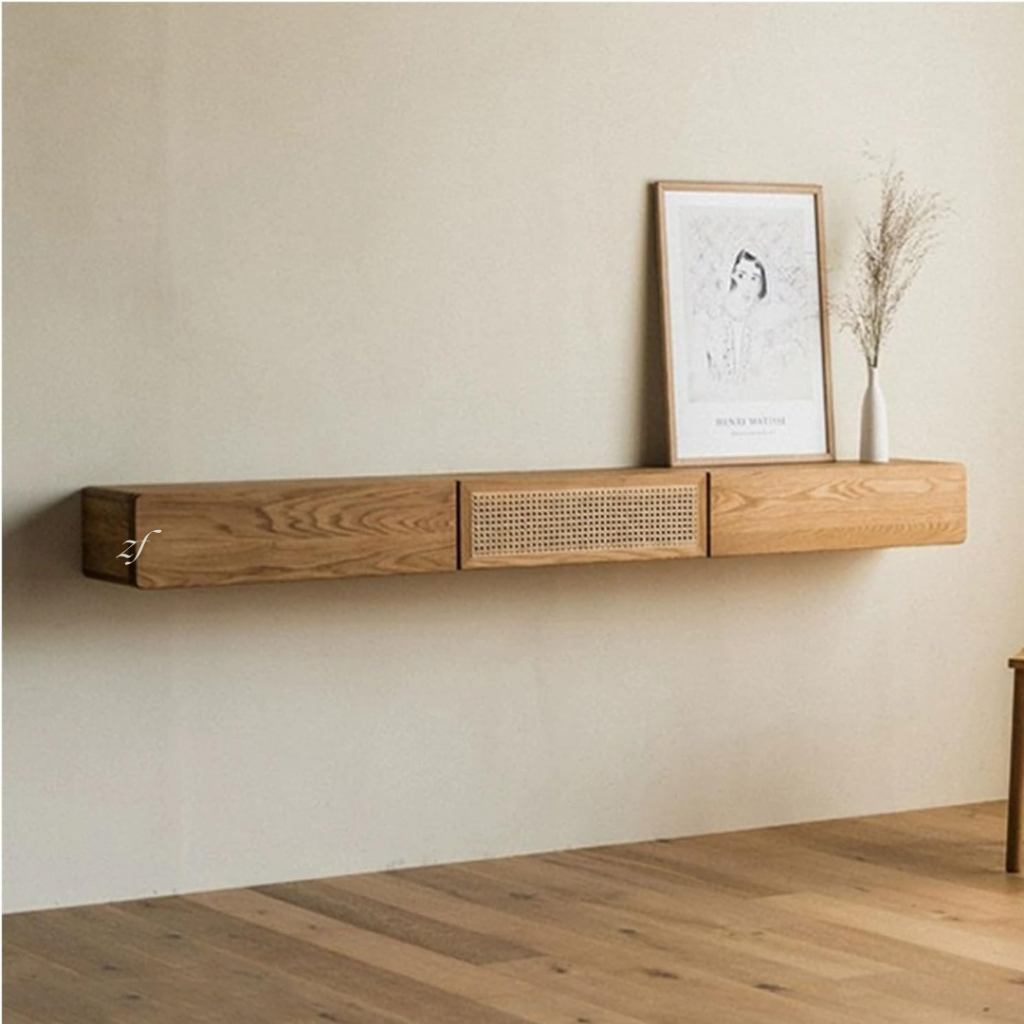 Meja TV Gantung Bufet Dinding Console Kayu Jati Kombinasi Rotan Alami