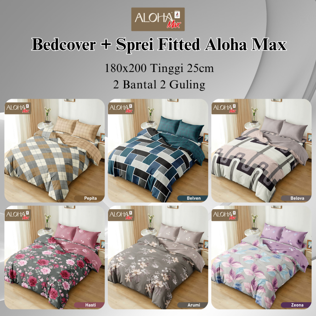 Bedcover Aloha Motif + Sprei Fitted 180x200 Tinggi 25cm - Bedcover King Size 2 Bantal 2 Guling