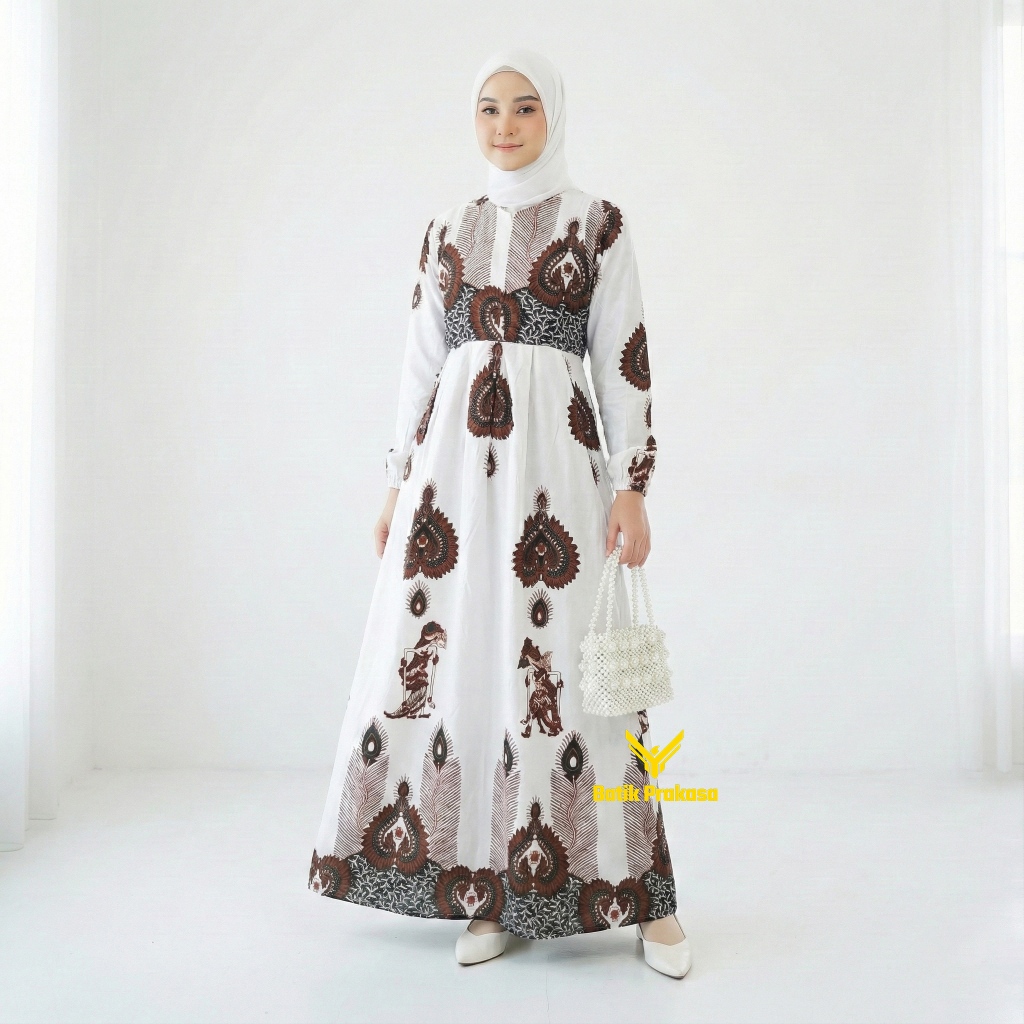 Prakasa Gamis Wanita Motif 0209 Ramayana Putih Batik Katun Premium Gaun Panjang Mewah Casual Formal 