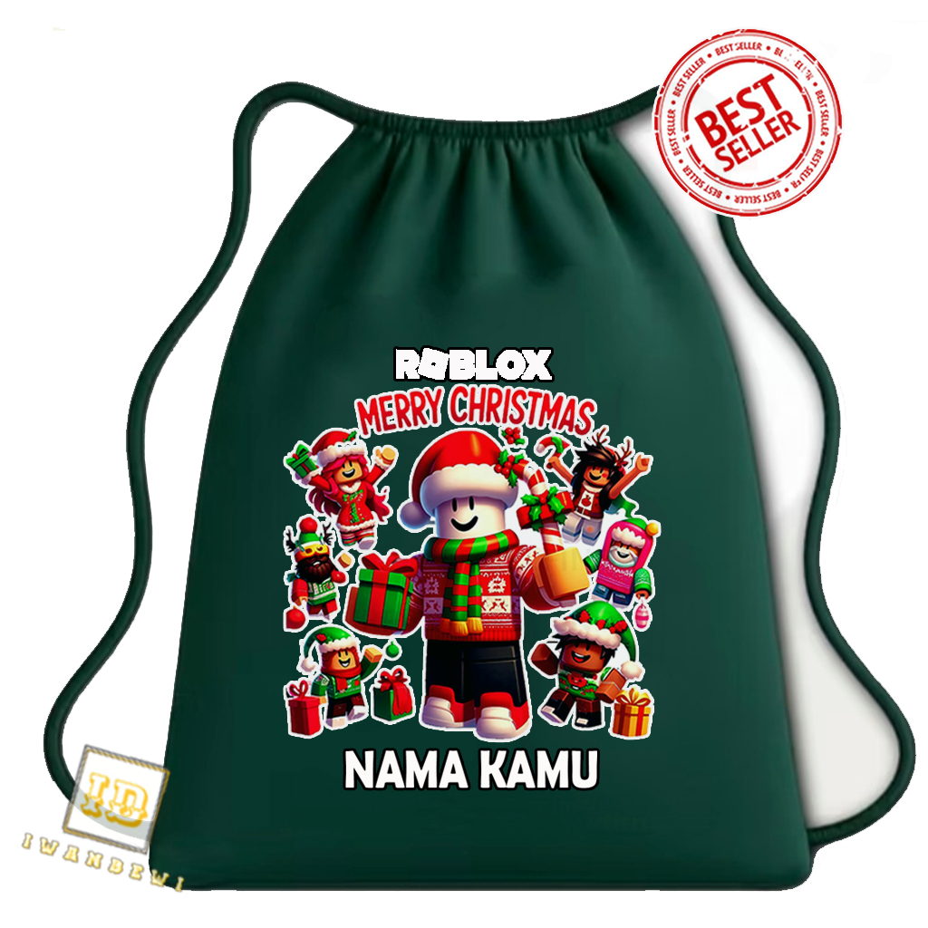Tas Serut Anak Roblox Merry Christmas – Tas Natal Anak Custom Nama | Goodie Bag Sekolah & Kado Natal
