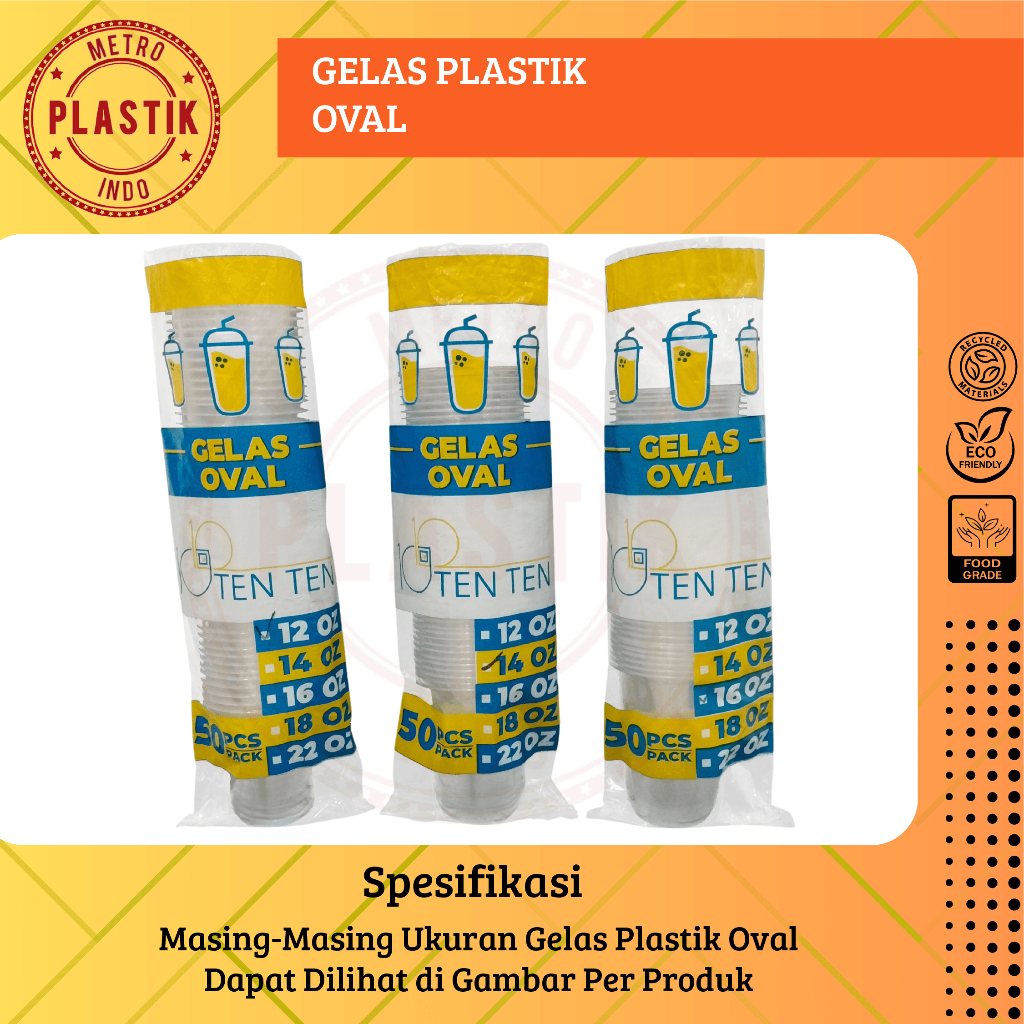Gelas Plastik Bening Oval 12oz 14oz 16oz 18oz 22oz Isi 50pcs / Gelas Juice / Gelas Kekinian / U Cup 
