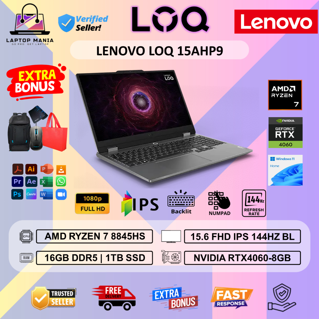 Laptop Gaming Lenovo LOQ 15AHP9 AMD Ryzen 7 8845HS 16GB 1TB RTX4060-8GB 15.6 FHD 144Hz Windows 11