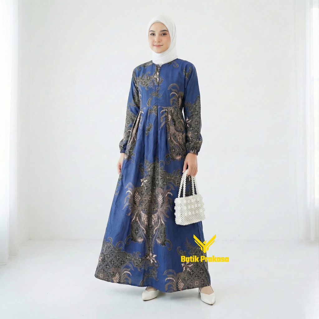 Prakasa Gamis Wanita Motif 1056 Arkanza Navy Batik Katun Premium Gaun Panjang Mewah Casual Formal Bu
