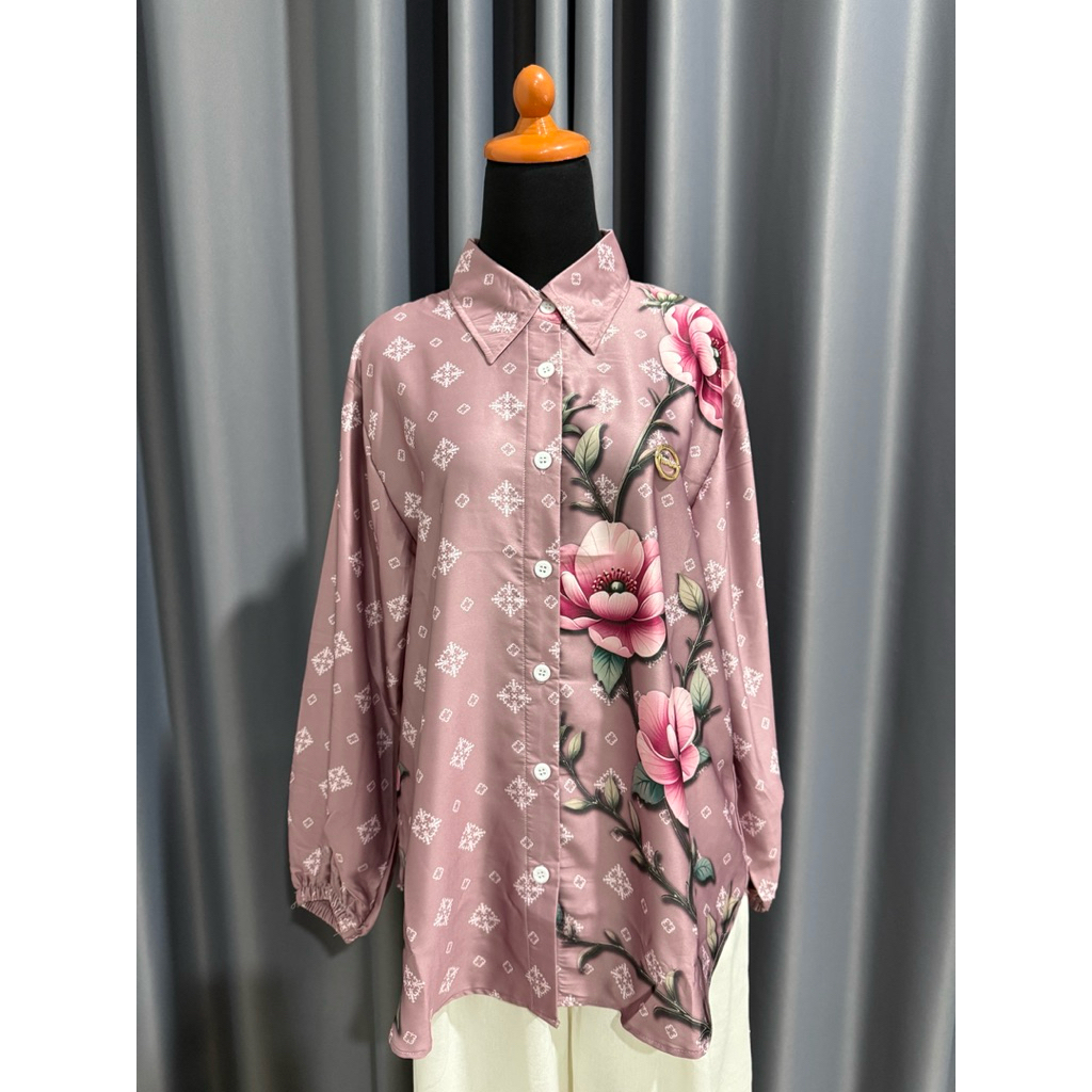 Blouse Kemeja Satin Motif Bunga