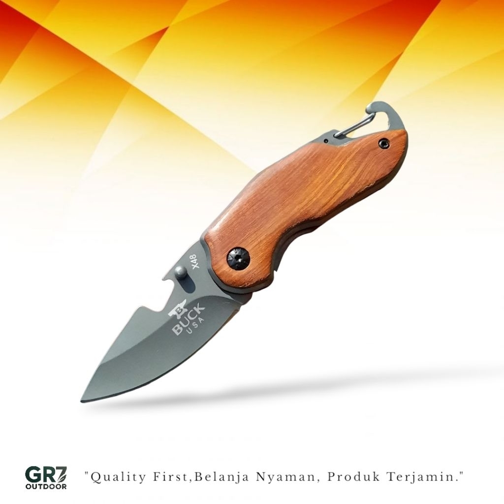 Pisau Survival Lipat Outdoor Buck X48 Gagang Kayu Solid Ergonomis