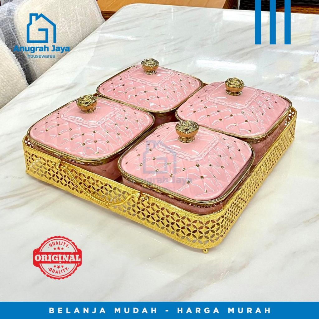 Prasmanan Keramik Segi 4Pcs  White, Black & Pink Thiba