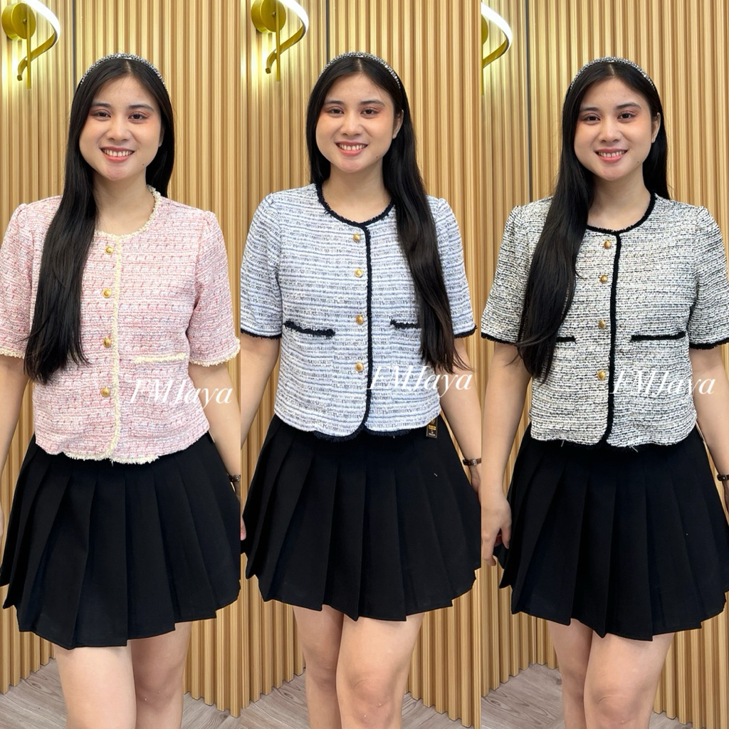 FM-G ATASAN BLOUSE TWEED PREMIUM 1136 || ATASAN TWEED ELEGAN || ATASAN TWEED LENGAN PENDEK || TWEED 