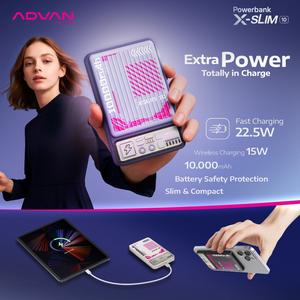 ADVAN Wireless Powerbank Xslim10 | Capacity 10.000mAh | MagSafe Fast Charging Up to 22.5W | Slim & C