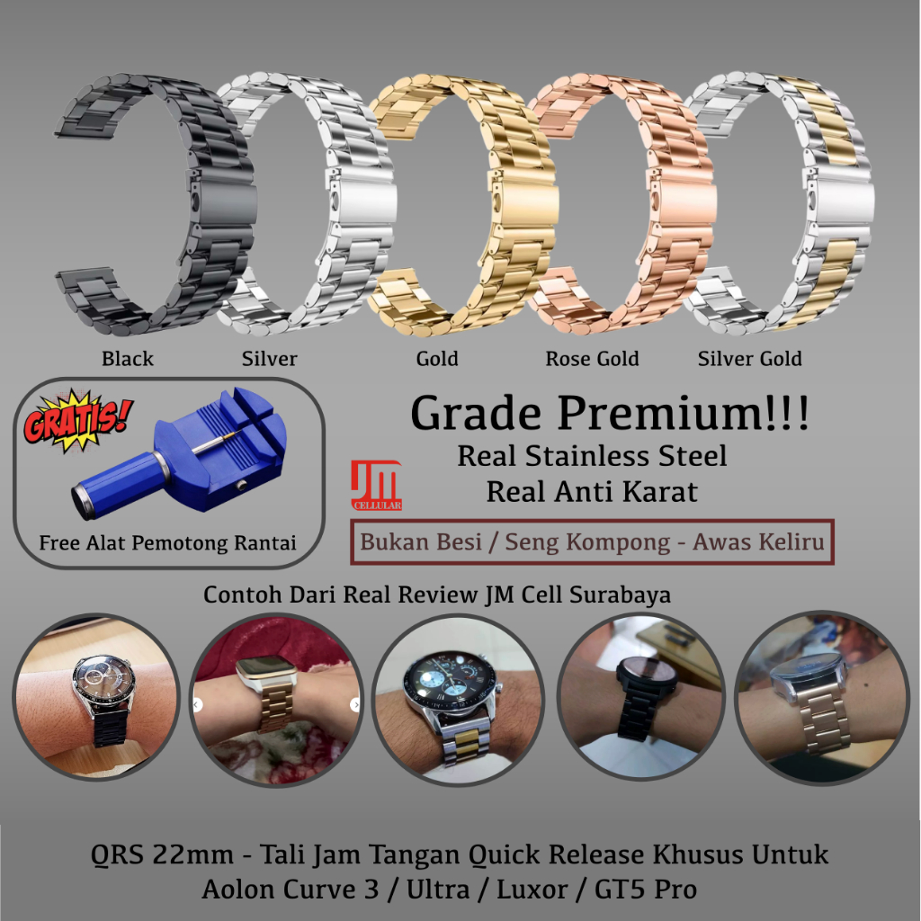 QRS 22mm Strap Aolon Curve 3 / Ultra / Luxor / GT5 Pro - Tali Jam Tangan Stainless Steel Metal Padat