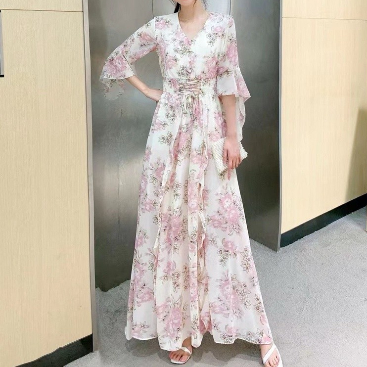 LEONNA Rafifah Maxi Dress Motif Bunga Gamis Wanita Muslim Korean Style