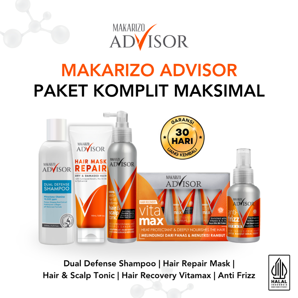 PAKET KOMPLIT MAKSIMAL - Makarizo Advisor Clinical Shampoo 200mL, Hair & Scalp Tonic 145mL, Vitamax 