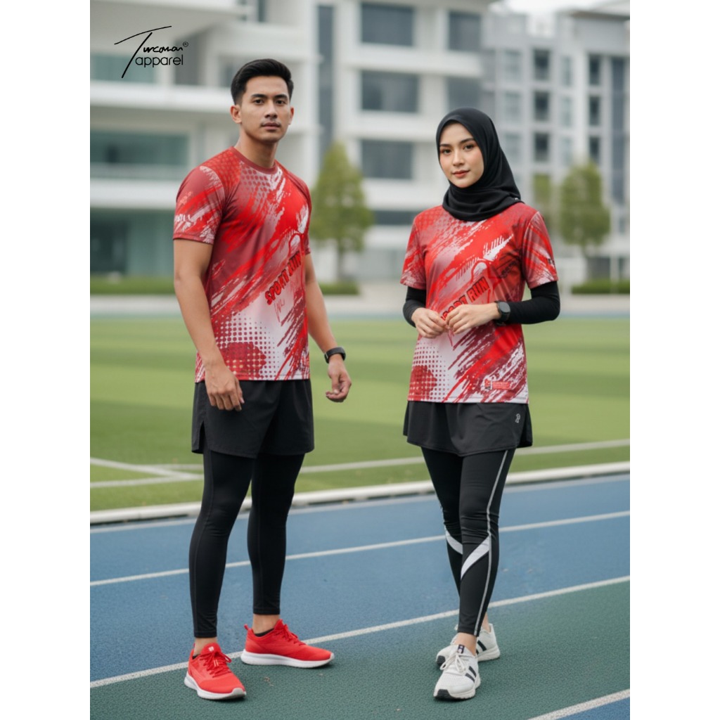 Baju olahraga lari - jersey running pria kaos dry fit warna merah putih fullprint