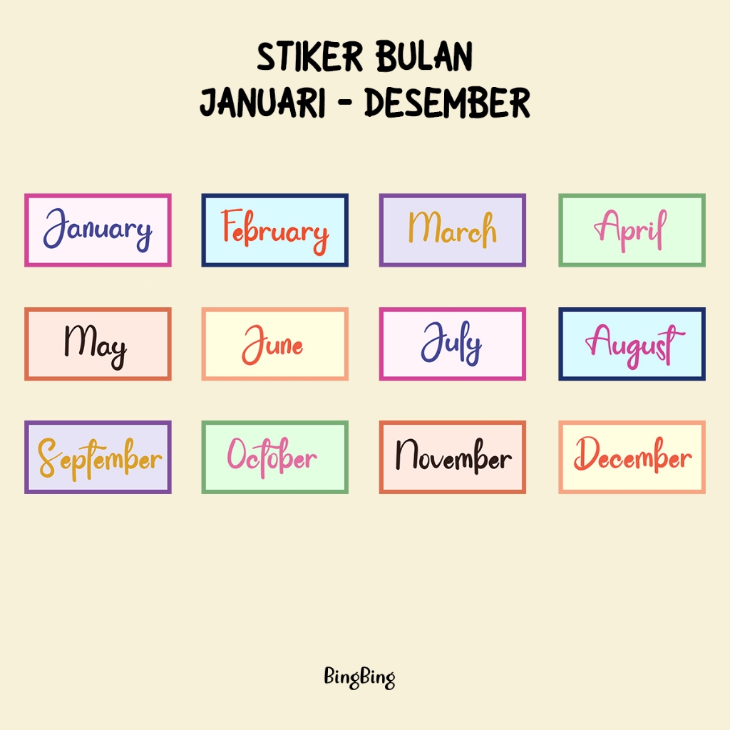 12 lembar stiker bulanan Januari - Desember