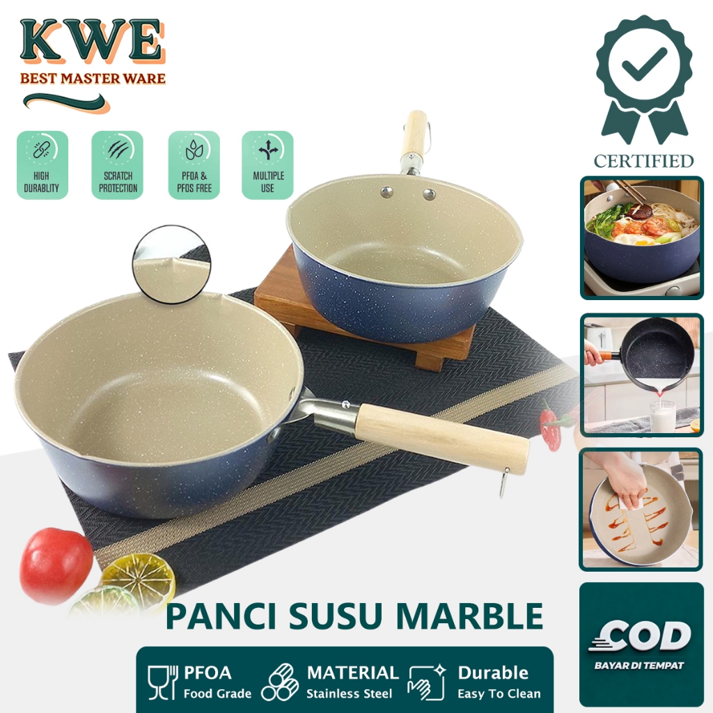 KWE Panci Susu Marble Anti lengket 20cm Gagang Kayu Panci kecil Panci Milk Pot Panci Enamel Penggore