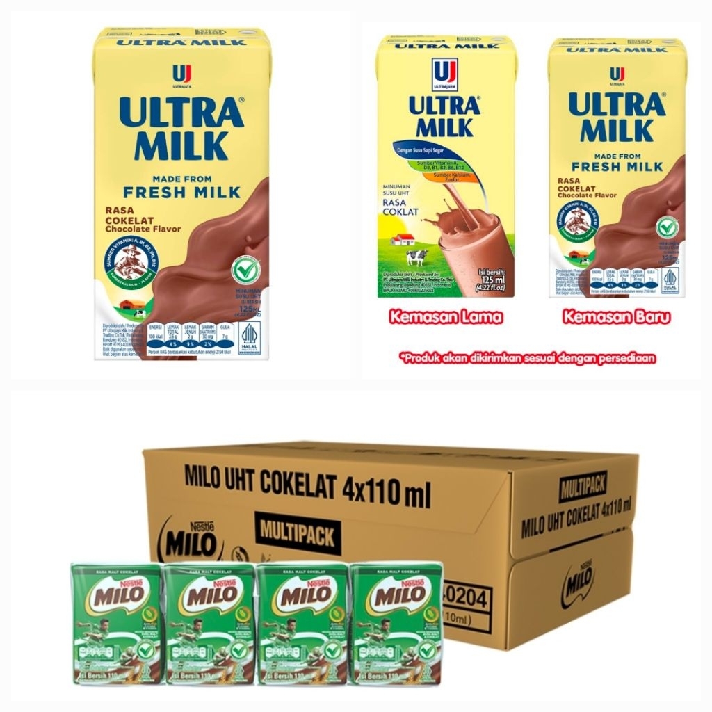 ULTRA MILK/MILO  susu/minuman UHT varian coklat 125/110/180/200ml