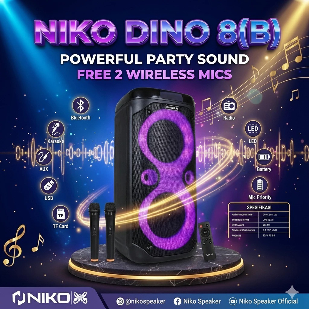 SPEAKER NIKO DINO 8B | BLUETOOTH | SUPERR BASS ORIGINAL, SPEAKER NIKO DINO 8 ( 8 INCH )