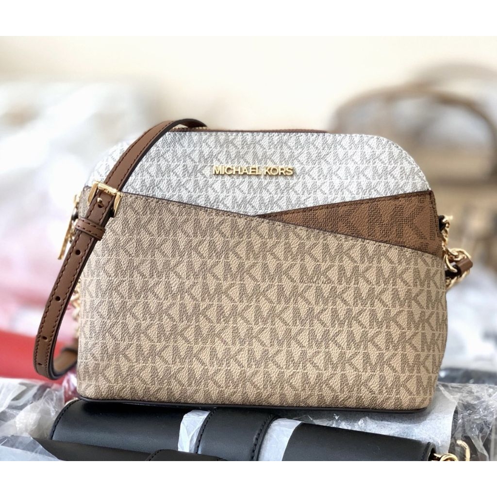 mk jet set travel md dome crossbody camel brown multi