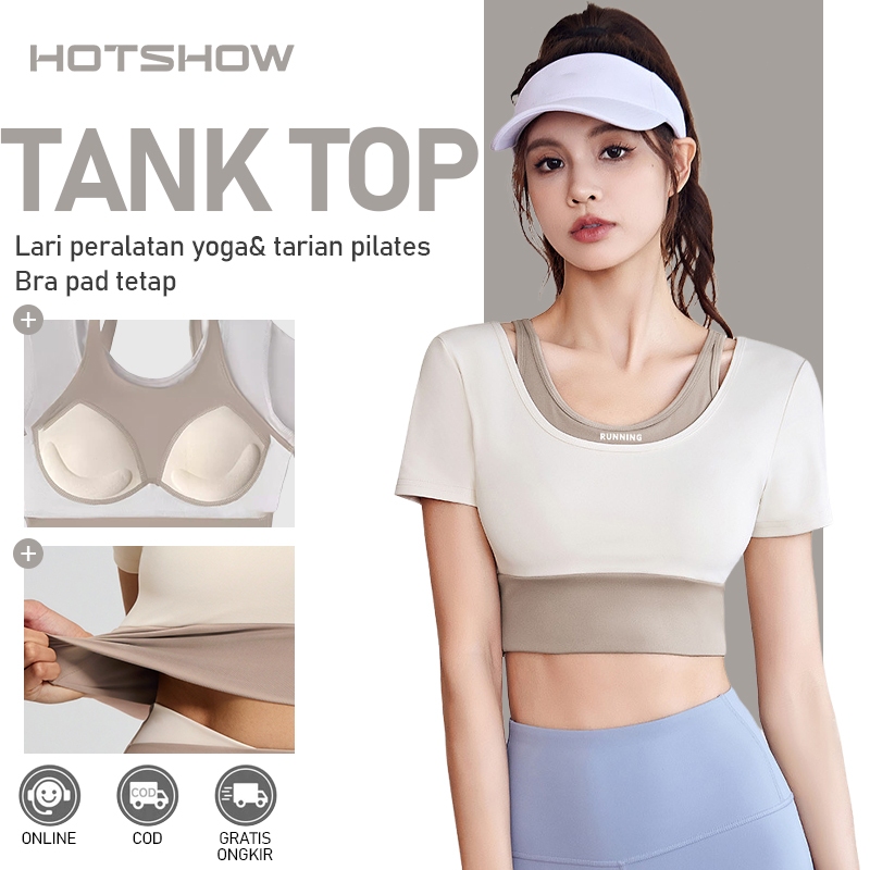 Kaos Olahraga Slim Fit Wanita Tank Top Lari Kebugaran Lengan Pendek Dua Potong Palsu Atasan Cepat Ke