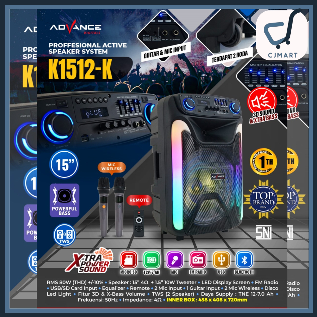 Speaker Advance K1512K / K1512-K / K1512 K Bluetooth Karaoke 15 Inch Free 2 mic Wireless