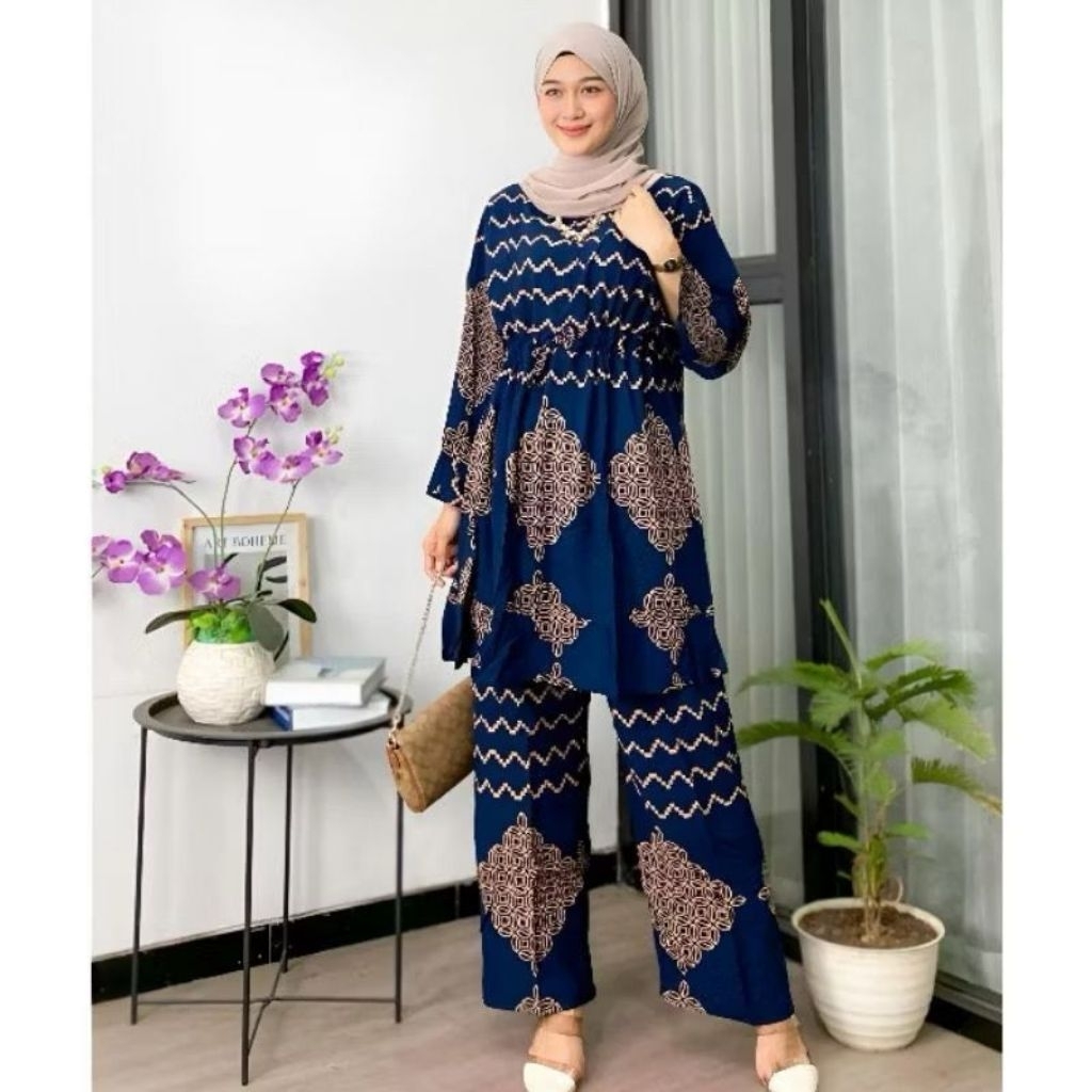 Ono set wanita kekinian jumbo rayon premium busuk motif Sonya/ tunik wanita setelan celana terbaru