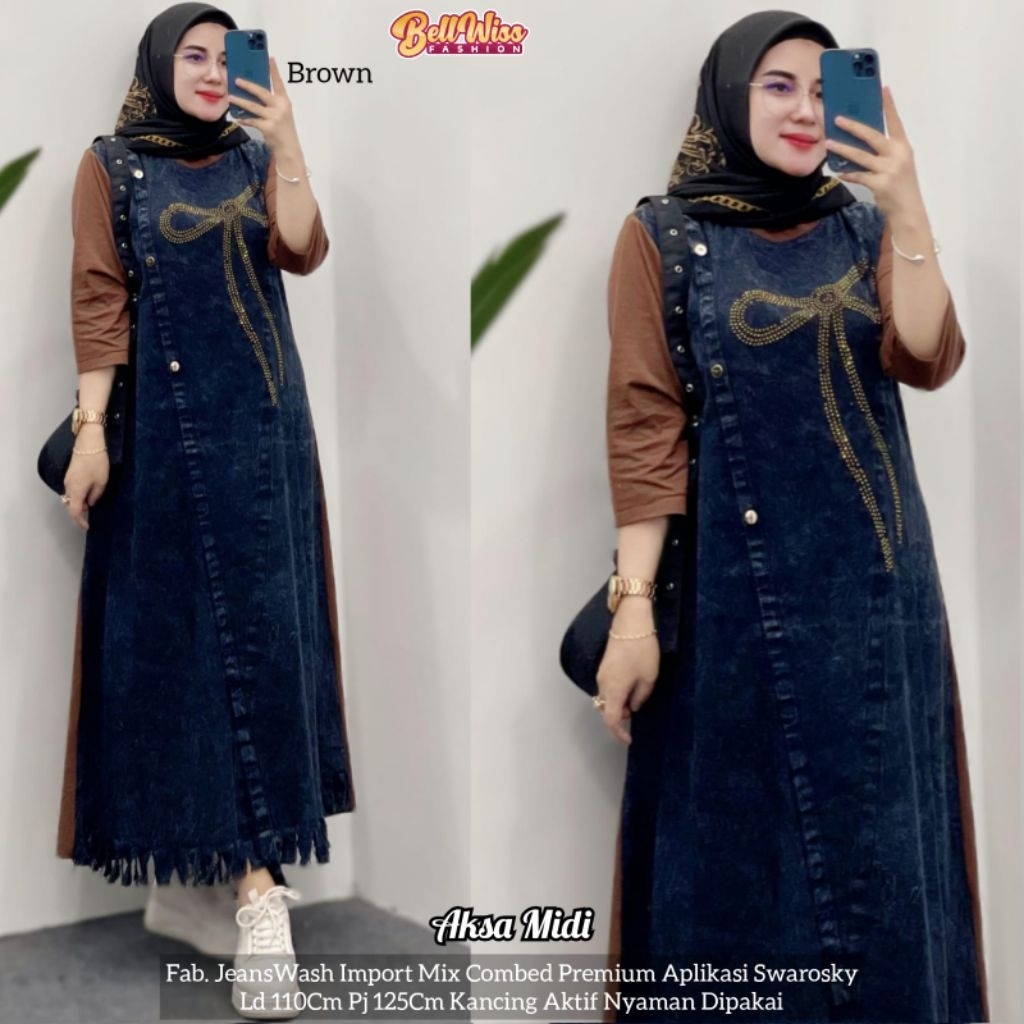 Aksa midi jeans import# Gamis Gauri diamond ori rayon tebal adem all size Aqila long tunik#Farsha# A