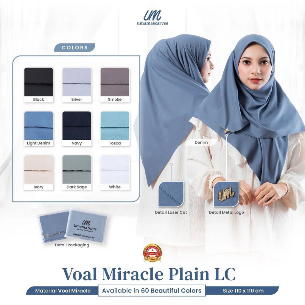 OBRAL HIJAB UMAMA SEGIEMPAT Voal miracle  plain LC ORI dengan pouch dan logo plat besi
