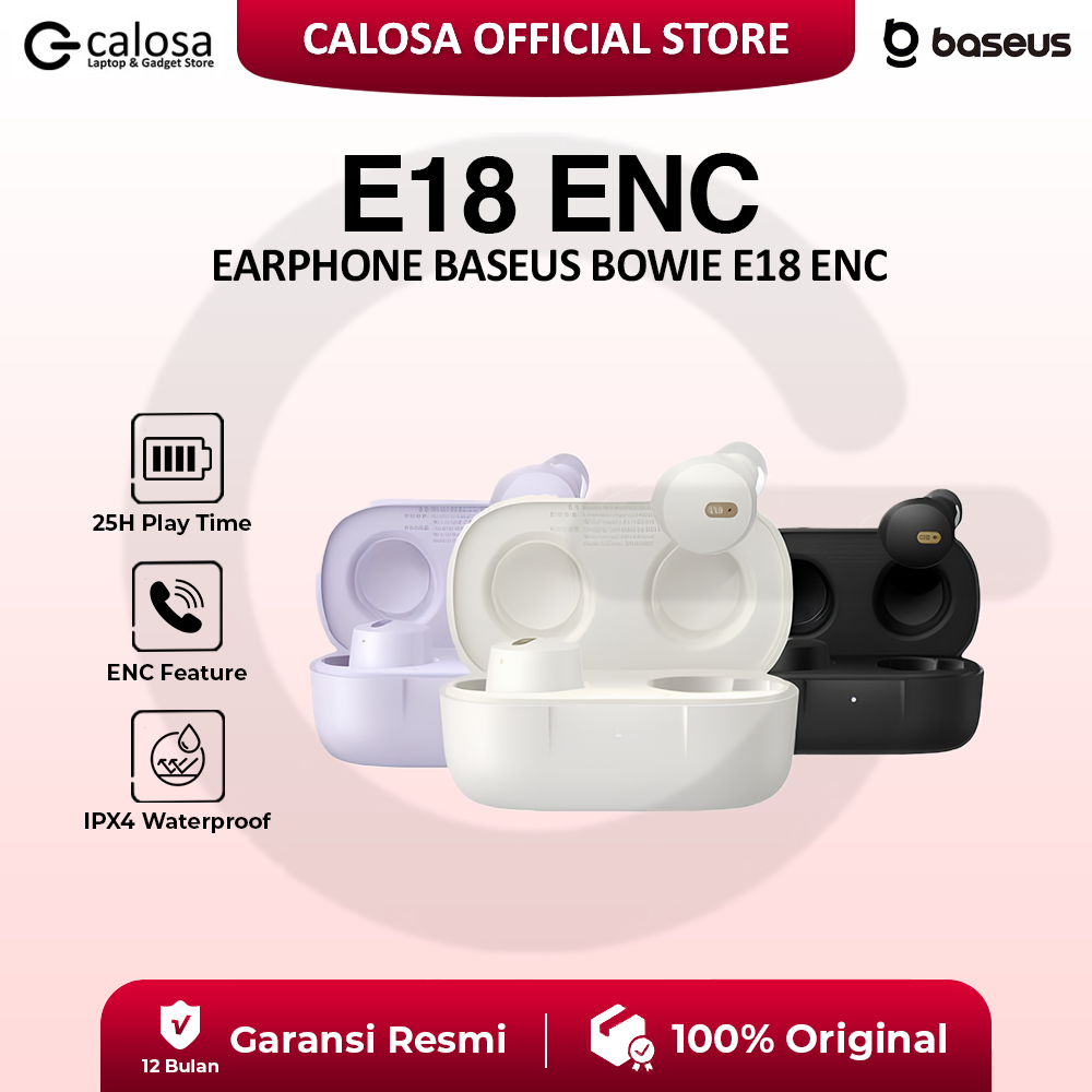 Earphone Bluetooth TWS Baseus Bowie E18 E 18 ENC True Wireless Earbuds Bluetooth 5.3 ungu putih hita