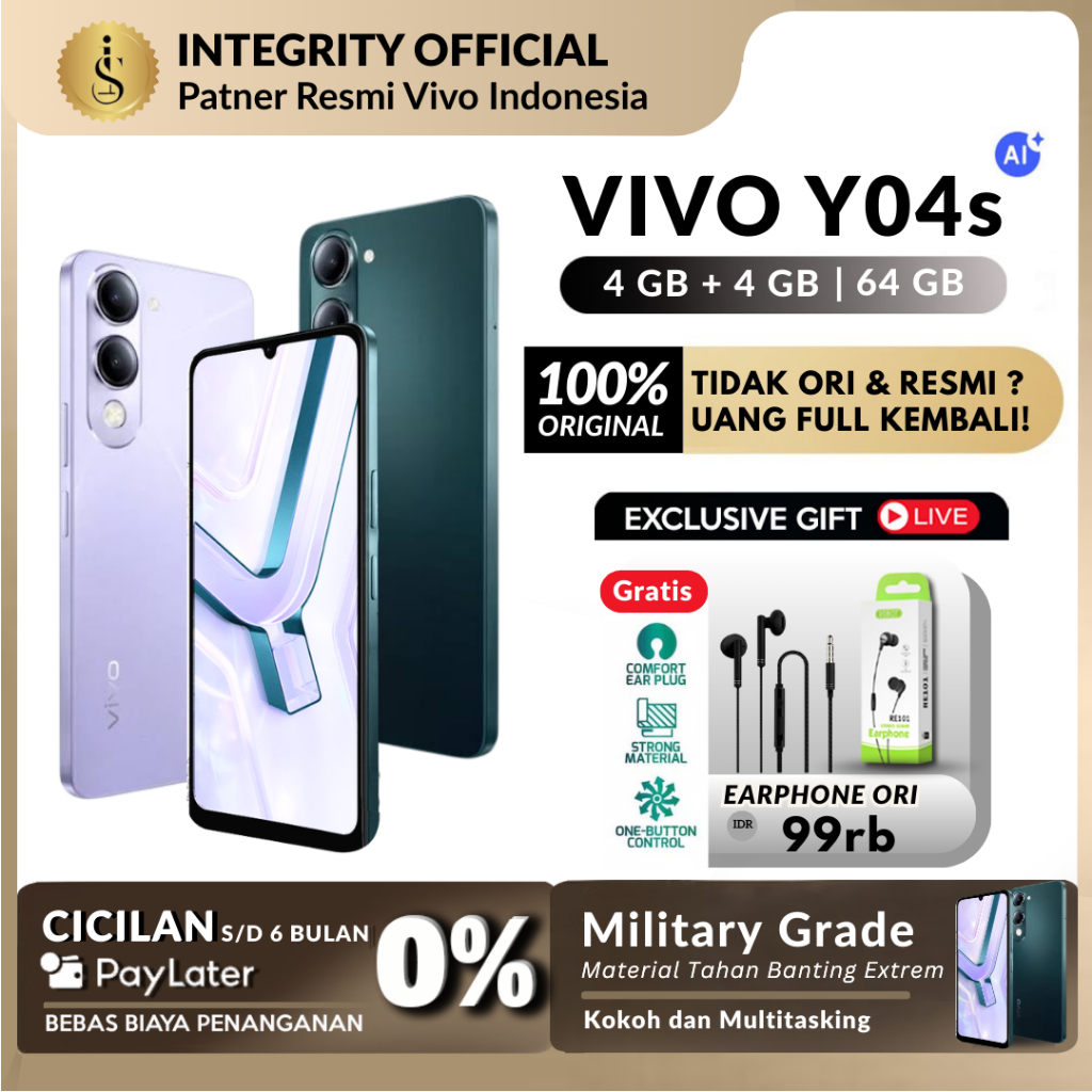 [NEW] Vivo Y04s RAM 4+64GB 4+128GB Garansi Resmi 100% Ori Hp 1 Jutaan Integrity Vivo Indonesia