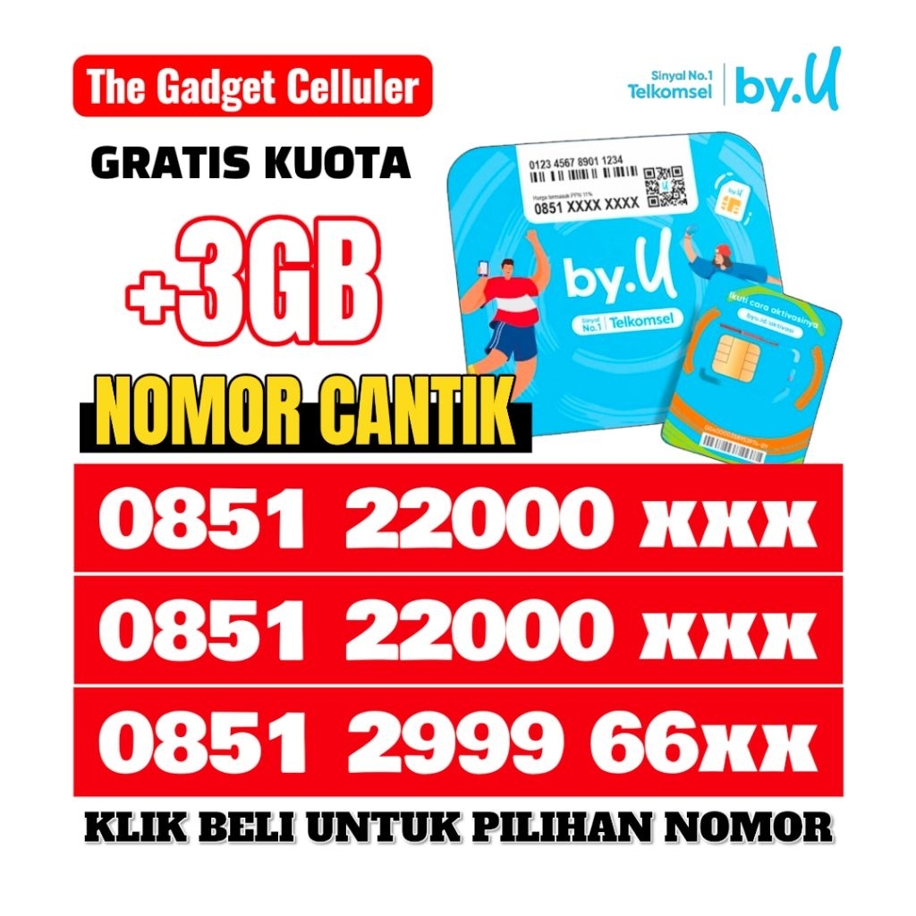 Nomor Cantik Telkomsel By.U 4G/5G Kartu Aktif Selamanya | Bonus Kuota 3GB (E.300)