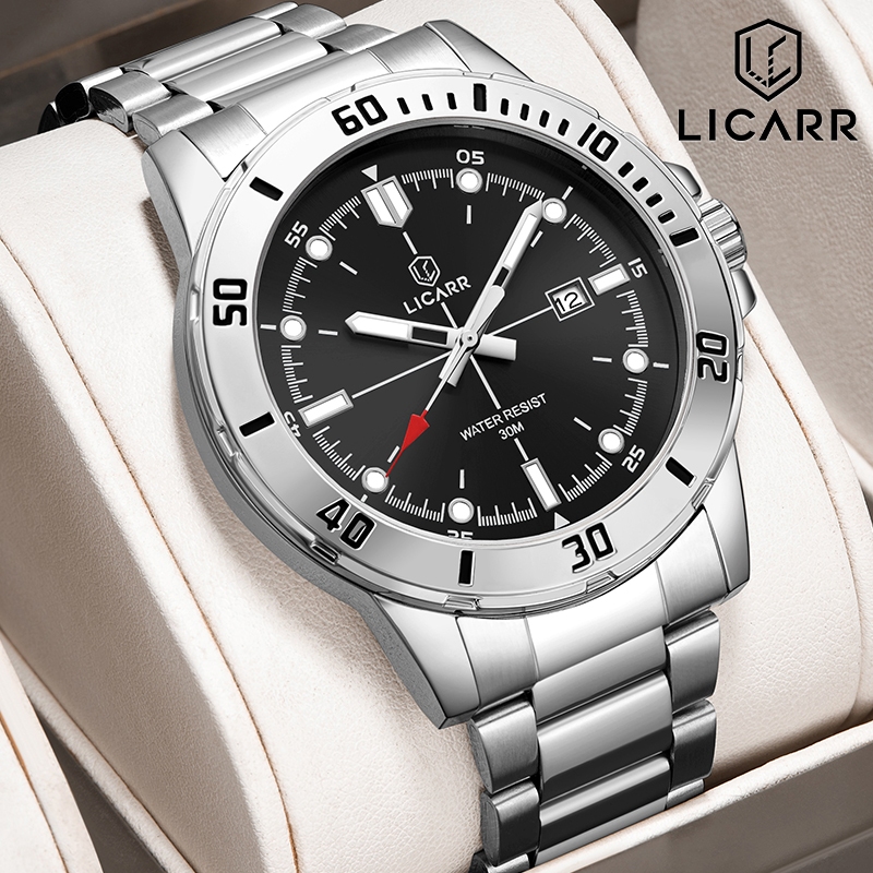 LICARR Jam Tangan Olahraga Kuarsa Stainless Steel Tali Jam Tangan Mewah Bisnis Cowok Jam Tangan Pria