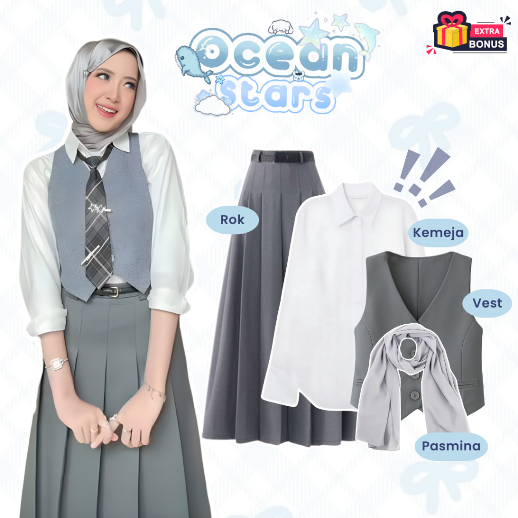 Oneset One set 5in1 setelan hijab wanita kemeja basic polos vest rompi rok rampel wiru a line pasmin