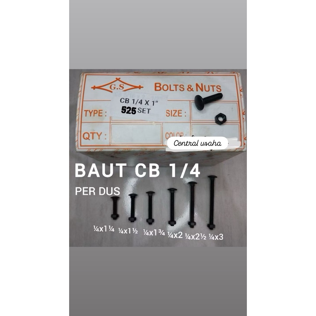 1 Dus Baut Mur CB 1/4 Baut mur kunci 10 baut bak truk, baut payung, baut carriage panjang 1/4 inch s