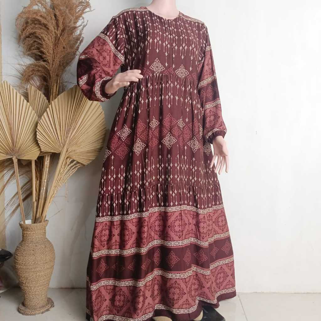 Gamis midi motif etnik brown dress wanita busui dewasa remaja bahan rayon premium