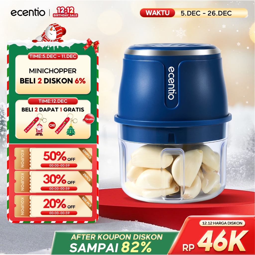 ecentio Mini Chopper Bawang Food Grade Penggiling Daging Multifungsi 250ML 6 Pisau Food Processor El