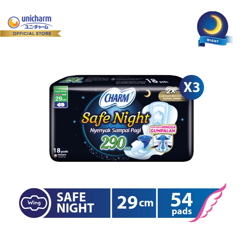 Charm Pembalut Safe Night 29cm Wing 18 pads - 3 Packs