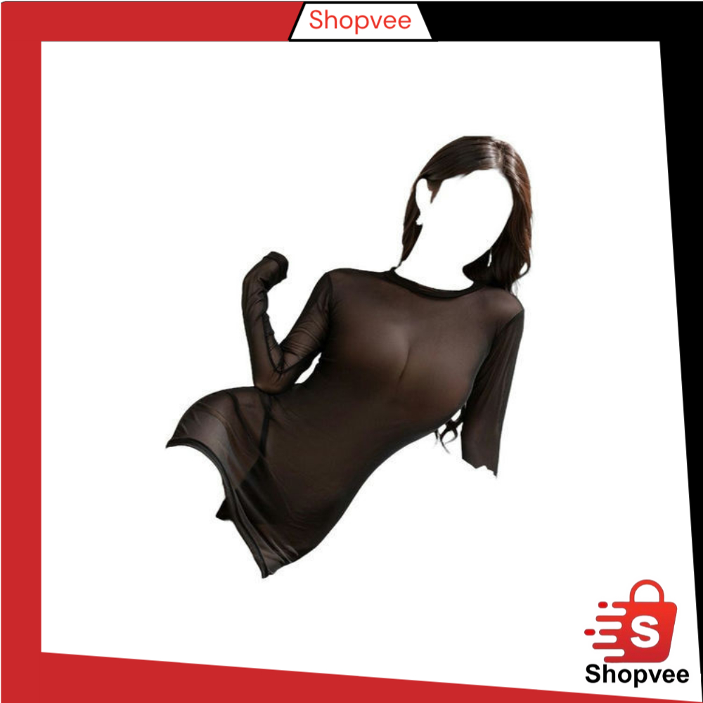 Shopvee Baju Mini Dress Lengan Panjang Lingerie Press Badan Body Fit Bahan Tipis Transparan Gaya Ele
