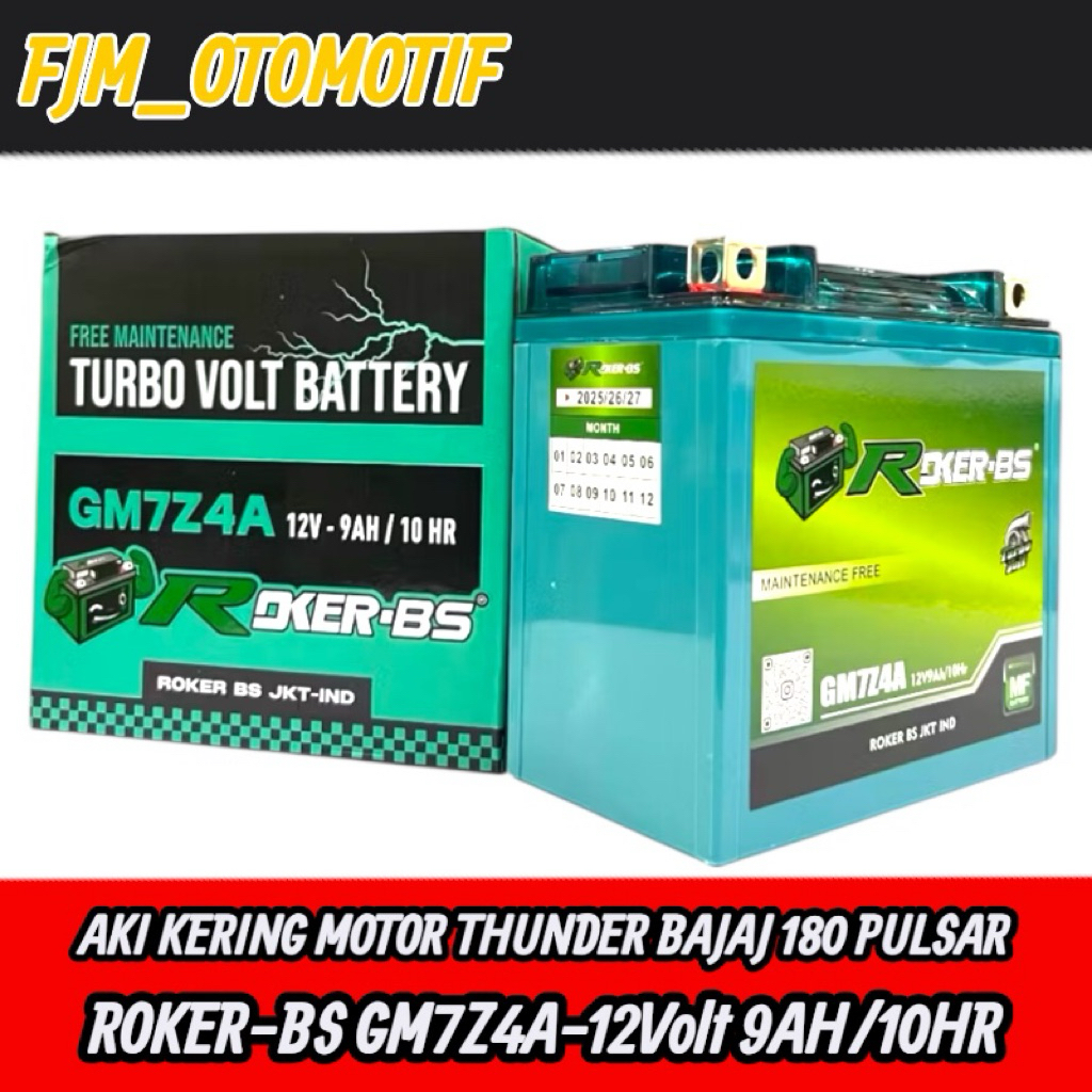 ROKER-BS TURBO Aki Kering Motor Thunder 125 Bajaj 160, 180, 200, 220 TVS Minerva GM7Z-4A-12Volt-9AH/
