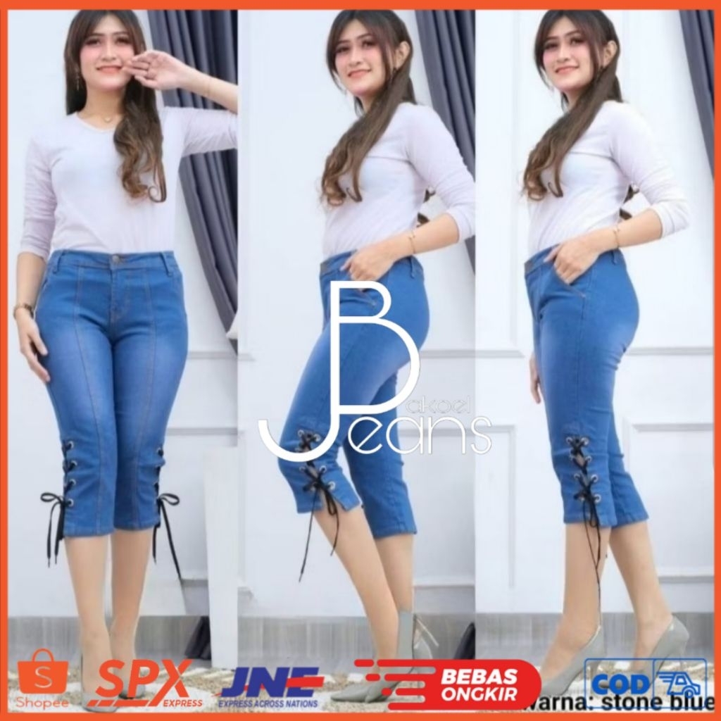 Celana Jeans 7/9 Wanita Tali Samping