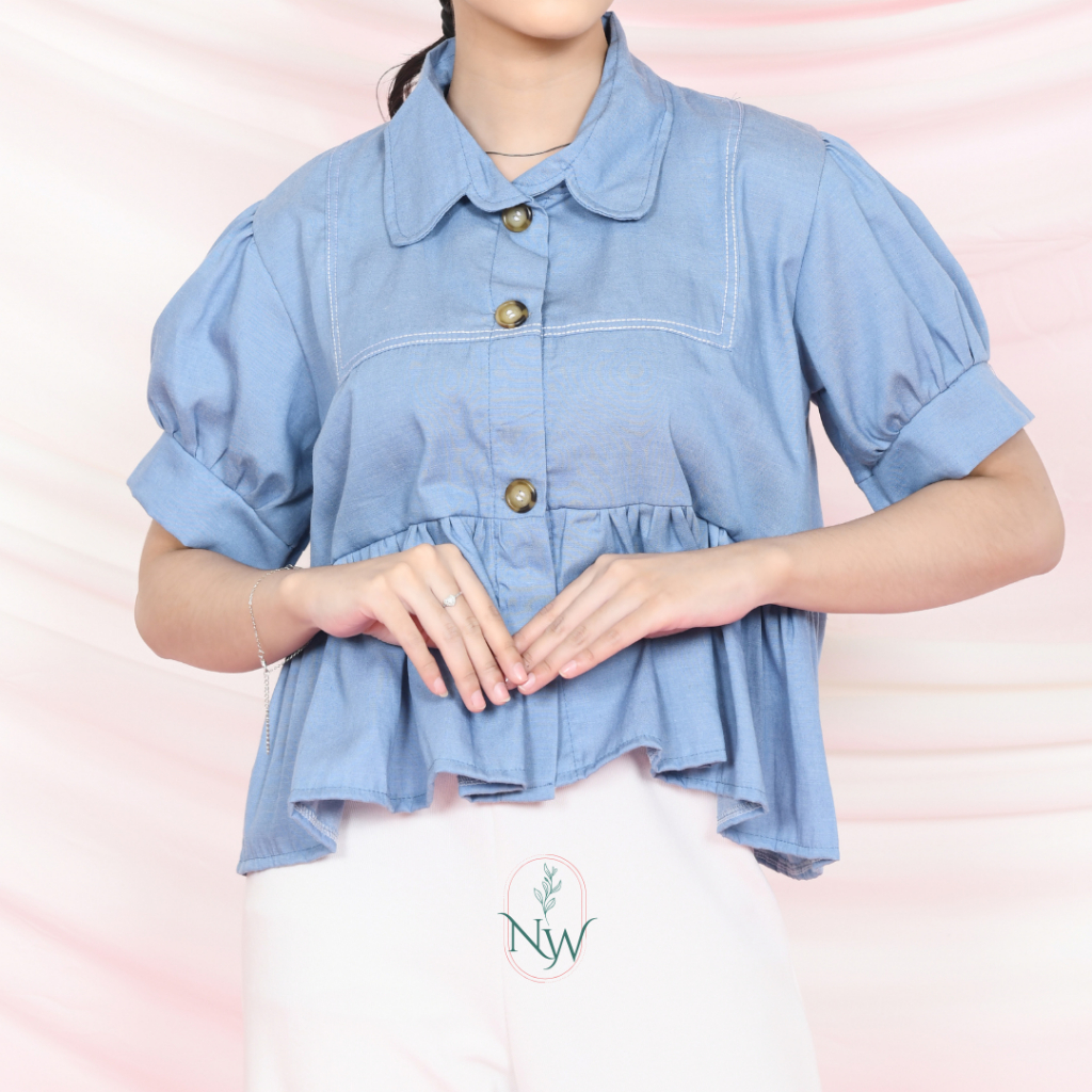 NW Yeona Denim Top Atasan Semi Crop Blouse Jeans Wanita Korean Style