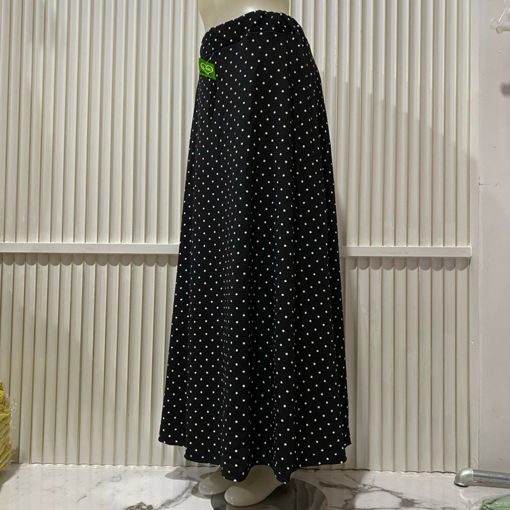 Rok payung panjang wanita motif bintik/polkadot kecil full karet pinggang