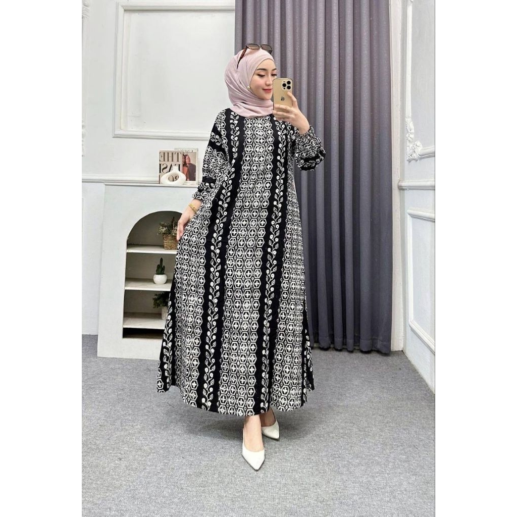 Gamis Rayon Wanita Motif Monocrhom Allsize Fit To XL Batik Premium Batik Wanita Gamis Batik