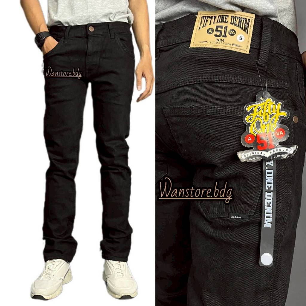 FIFTYONE51-TERLARIS Celana Pria Jeans Panjang SLIMFIT Calana warna Black jazz Scrup Clor Hitam Polos